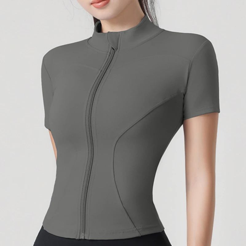 Chaqueta de Yoga para Mujer, Chaqueta Deportiva Ajustada de Manga Corta con Cuello Alto, Chaqueta Deportiva Elástica de Manga Corta para Fitness