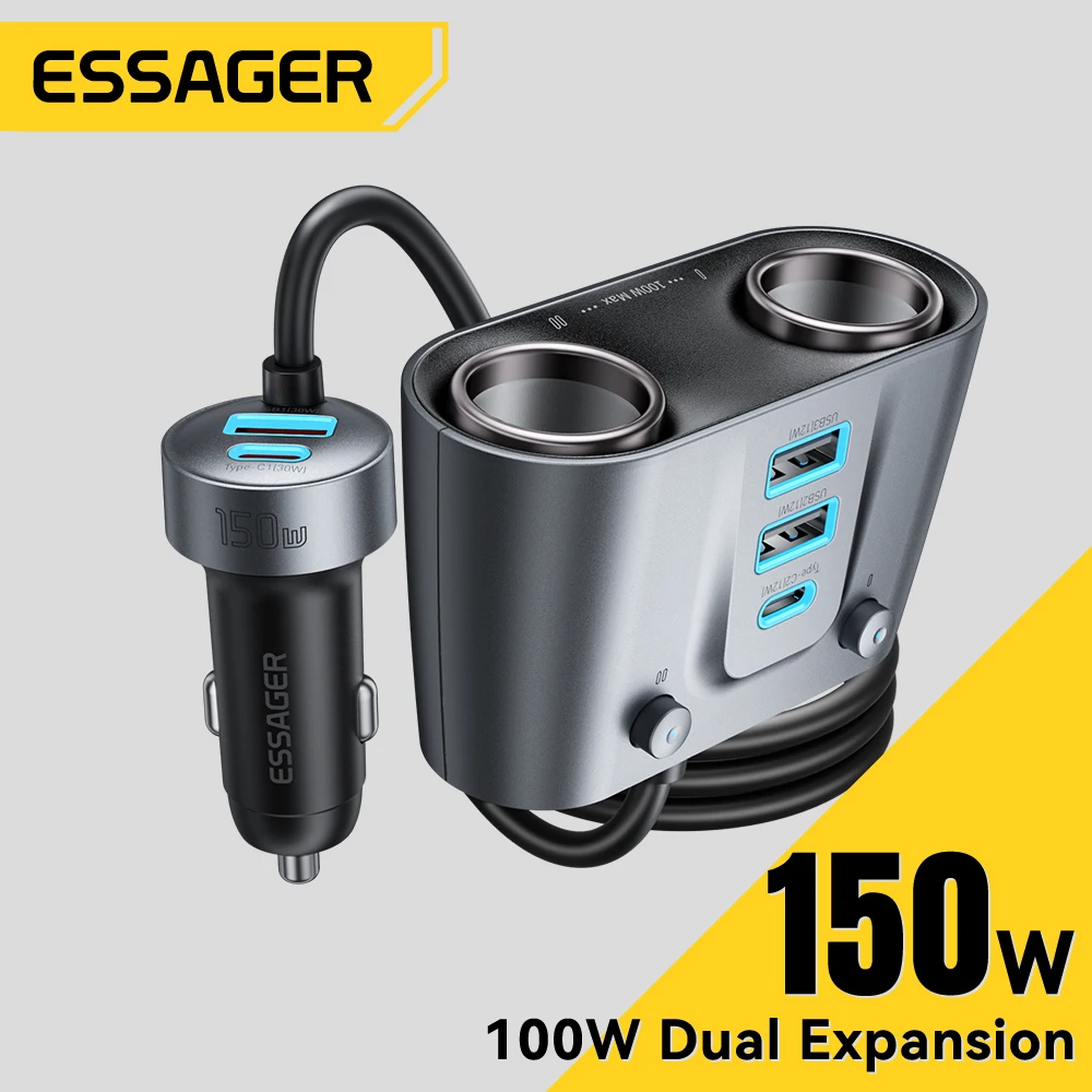 Essager-cargador de coche USB C de 150W, 2 en 1, 100W, divisor de encendedor de cigarrillos Dual, 5 puertos QC 3,0 PD 3,0, carga rápida para teléfono móvil