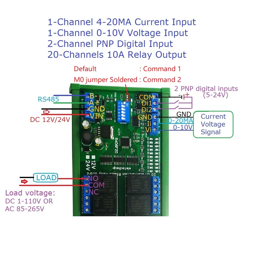 Módulo IO analógico Digital de interruptor RS485 integrado de 20 canales con expansión Modbus RTU PLC UART, lectura de voltaje de 0-10V de corriente de 4-20MA