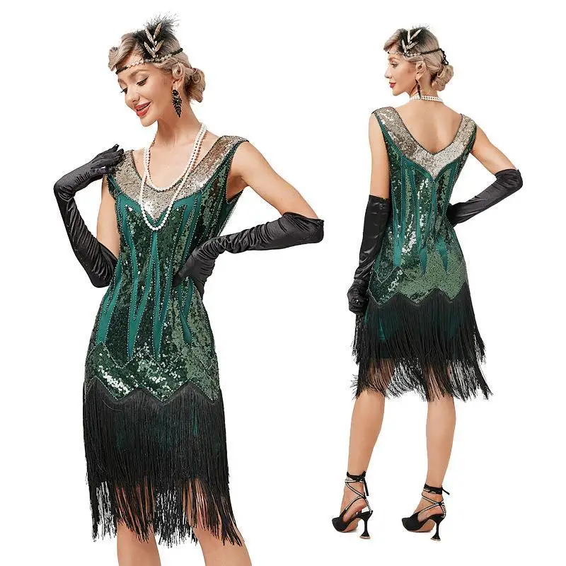Falda larga sin mangas para mujer, vestido Flapper de fiesta del gran Gatsby Vintage de los años 1920, vestido de cóctel con flecos y lentejuelas