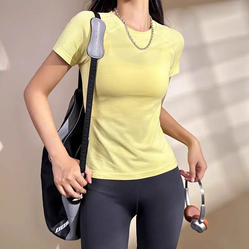 Top de Yoga para mujer, camisetas deportivas sin costuras, ropa de Fitness, camisa de Yoga de manga corta, Top de gimnasio, ropa activa para correr, Top deportivo