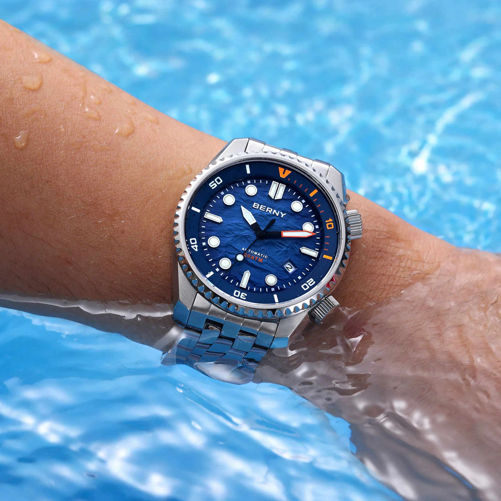 Reloj de buceo automático BERNY para hombre, reloj de lujo con zafiro 316L, esfera New Wave, resistente al agua hasta 200M, relojes mecánicos de buceo para hombre