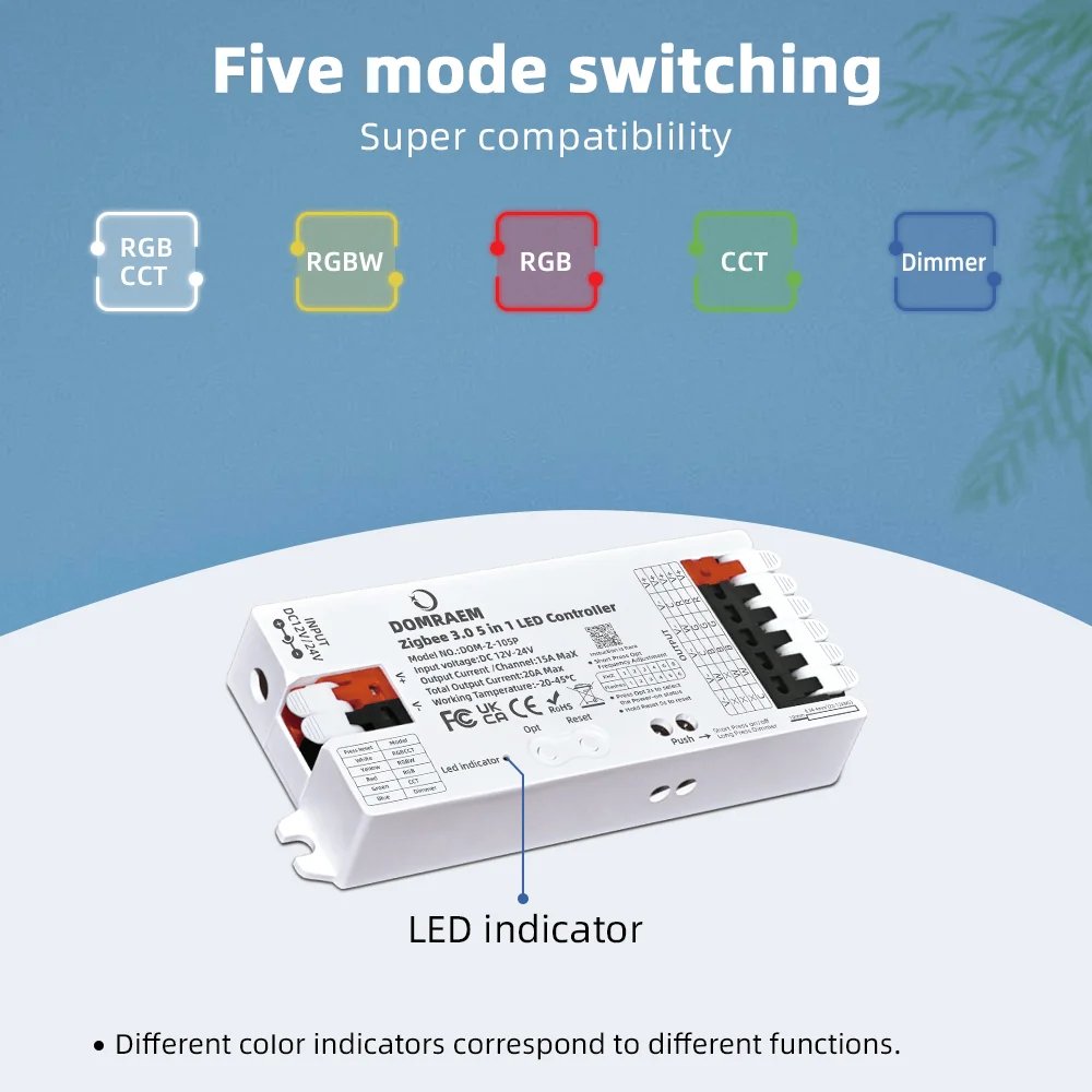DOMRAEM Zigbee 3.0, controlador de tiras LED 5 en 1, regulador de intensidad, CCT, RGB, RGBW, RGBCCT, PWM, compatible con la aplicación HU*E SmartThings y control por voz, 20 A máx.
