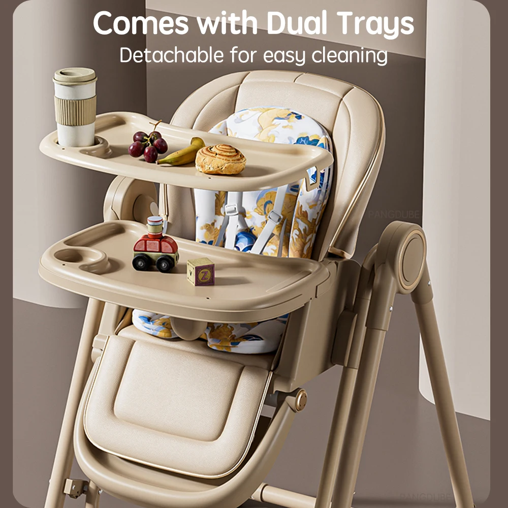 PANGDUBE Silla alta para bebé 2 en 1, asiento de alimentación convertible basculante con ruedas, bandejas dobles, cojín plegable para 6 meses-3 años