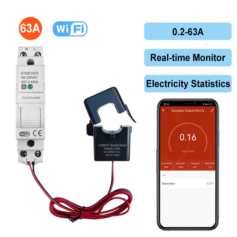 Medidor de Energía Eléctrica WiFi Smart Life KWh para Riel DIN 63A con CT, Monitoreo por App de Voltaje, Corriente y Consumo de Energía 110V 230V