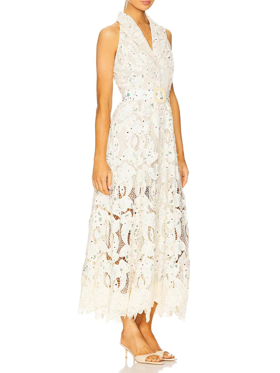 TWOTWINSTYLE, vestidos adelgazantes calados de Color intenso para mujer, vestido sin mangas con solapa de cintura alta, vestido con temperamento, estilo de moda femenina
