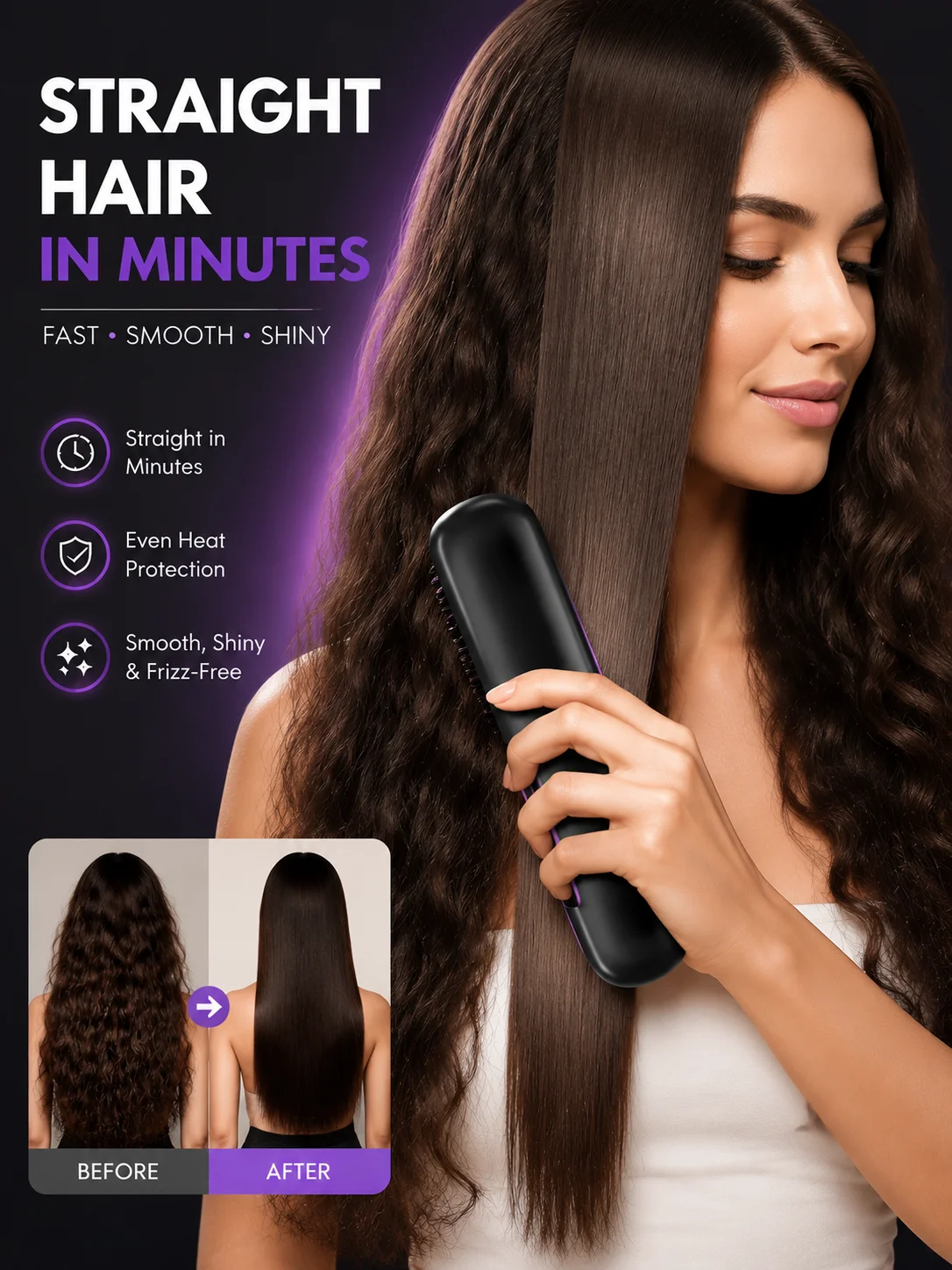 Cepillo Alisador de Cabello Portátil, Inalámbrico con Carga USB, Peine Caliente con Revestimiento Cerámico, Herramienta de Peinado Iónica Anti-Frizz