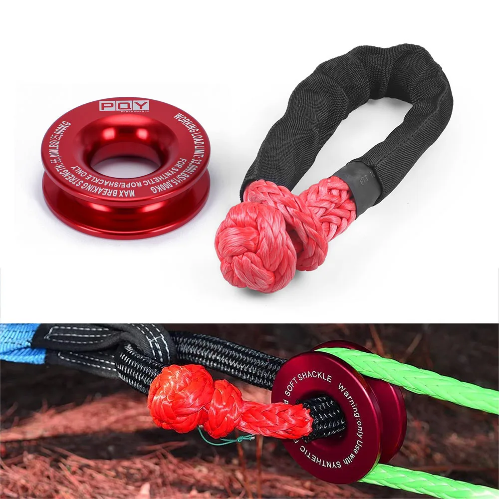 Cuerda de cabrestante de 55000 libras, grillete suave sintético o juego de anillos de recuperación, grilletes resistentes con funda protectora para recuperación de vehículos y camiones