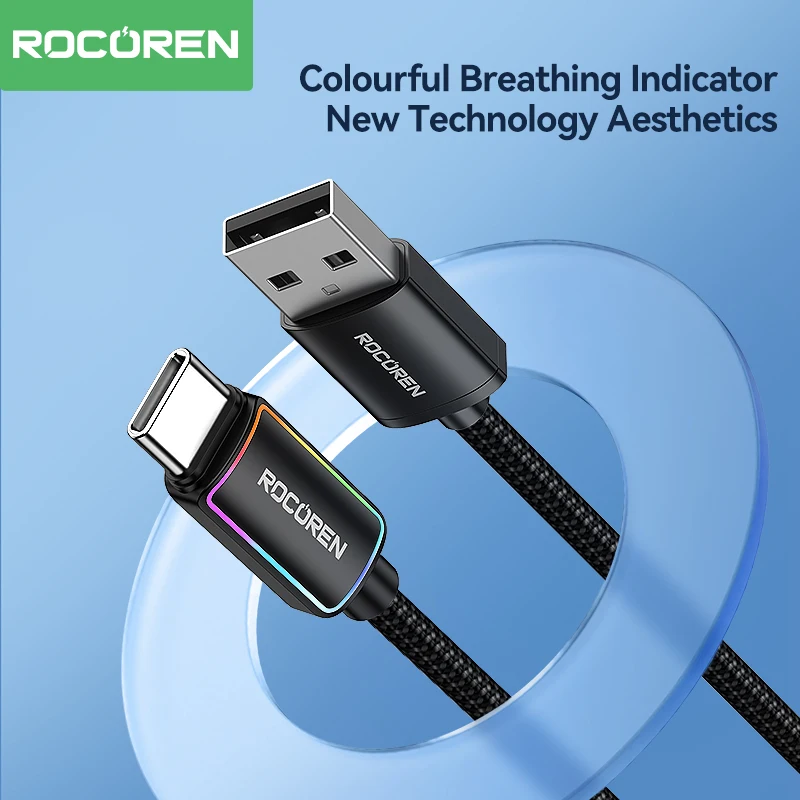 Rocoren 3A USB tipo C Cable Fsat carga QC 3,0 Cable de fecha para Samsung S23 Cable cargador de carga Ultra rápida para Huawei Xiaomi