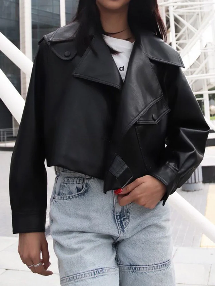 Ailegogo-Chaqueta corta de cuero sintético para mujer, abrigo holgado con bolsillos grandes, ropa de calle para motociclista, primavera y otoño