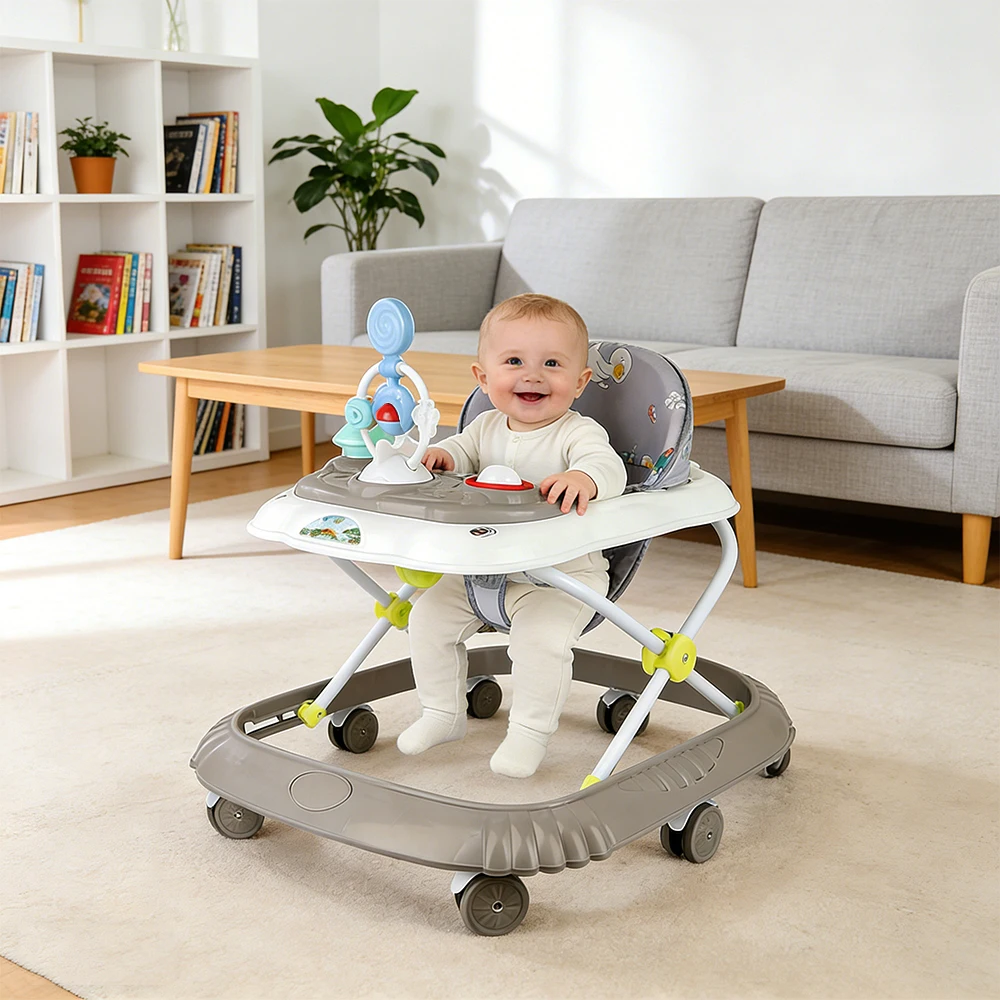 Andador Plegable para Bebés, con Centro de Actividades, Altura Ajustable, Cojín de Asiento Extraíble, a partir de 6 Meses, Gris/Caqui/Negro
