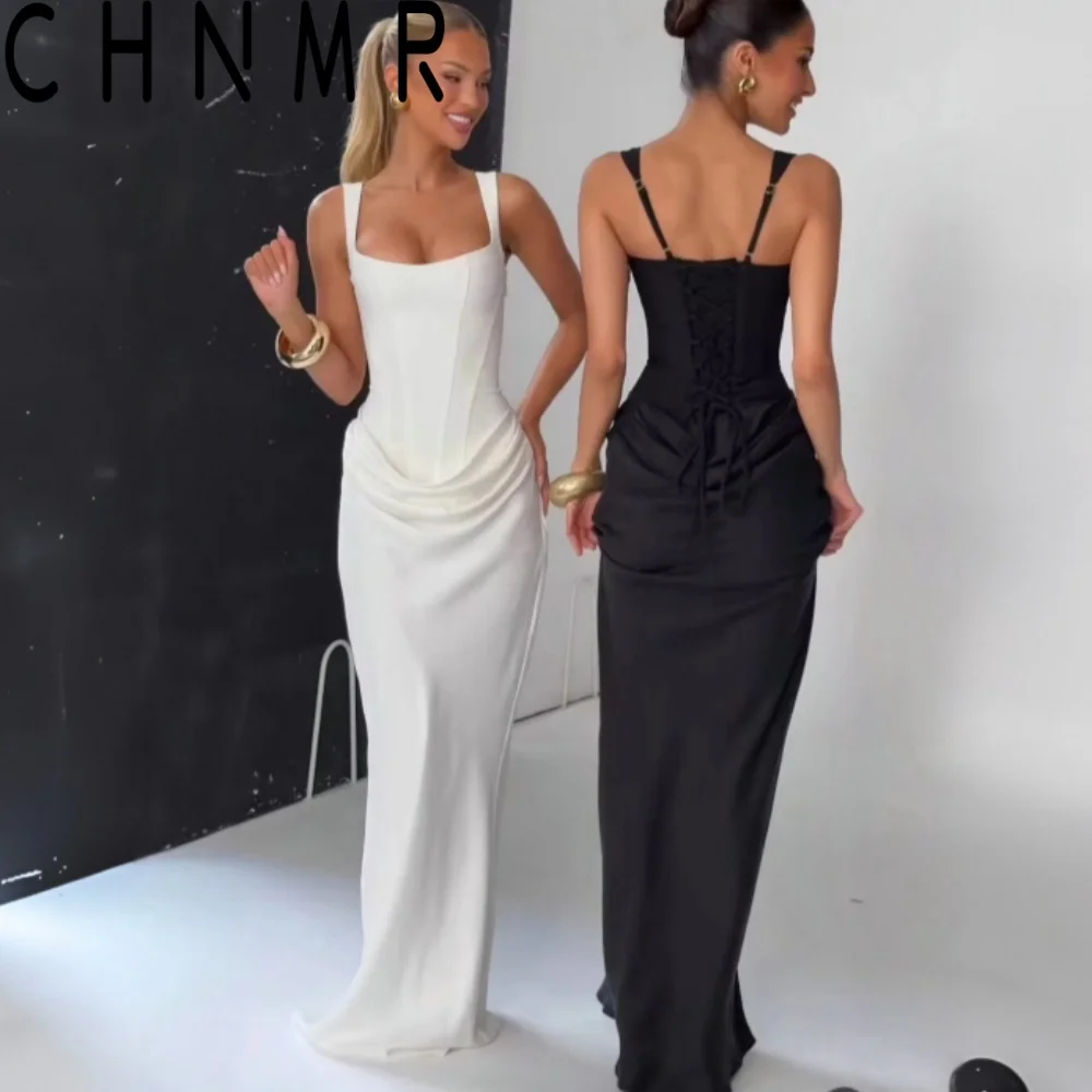 CHNMR Vestido largo sexy con espalda descubierta y fruncido para mujer, cuello en U, sin mangas, ajustado, negro, vestido largo de noche para fiesta