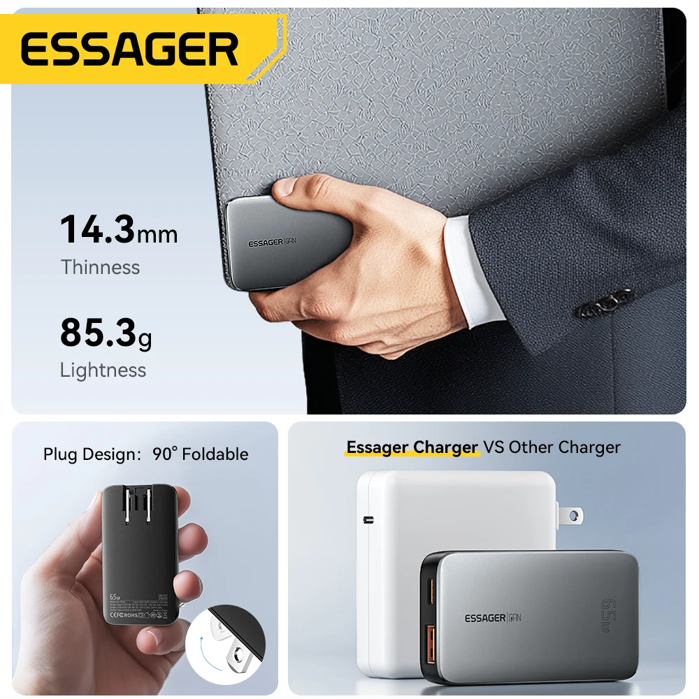 Essager-cargador de viaje ultrafino de 65W GaN, carga rápida 4,0 PD3.0 PPS, cargador portátil tipo C para iPhone, Samsung, Macbook y portátil
