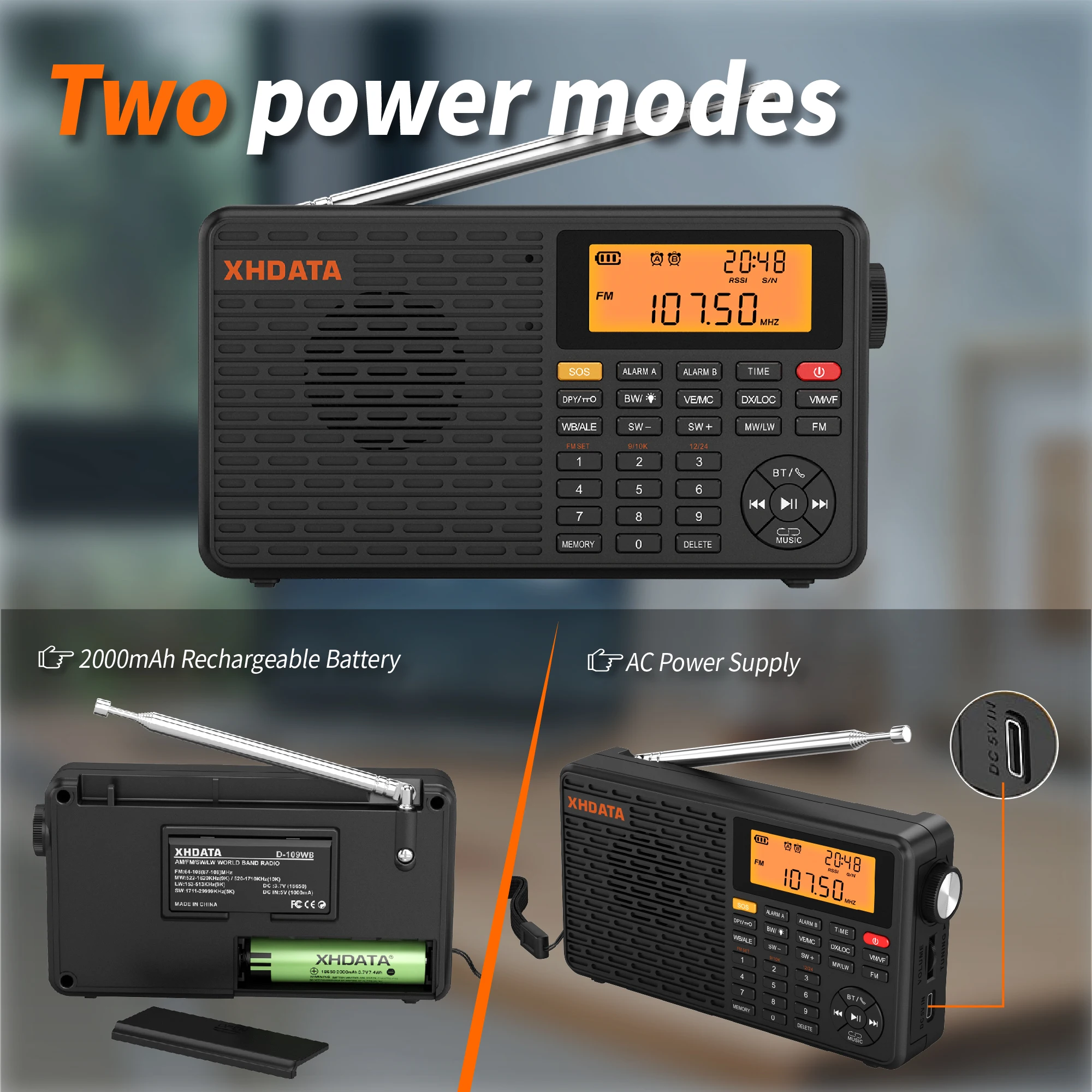 XHDATA D109WB Radio Portátil AM FM Estéreo SW MW LW con Reloj Despertador Digital, Batería Recargable, USB-C y Pronóstico del Tiempo