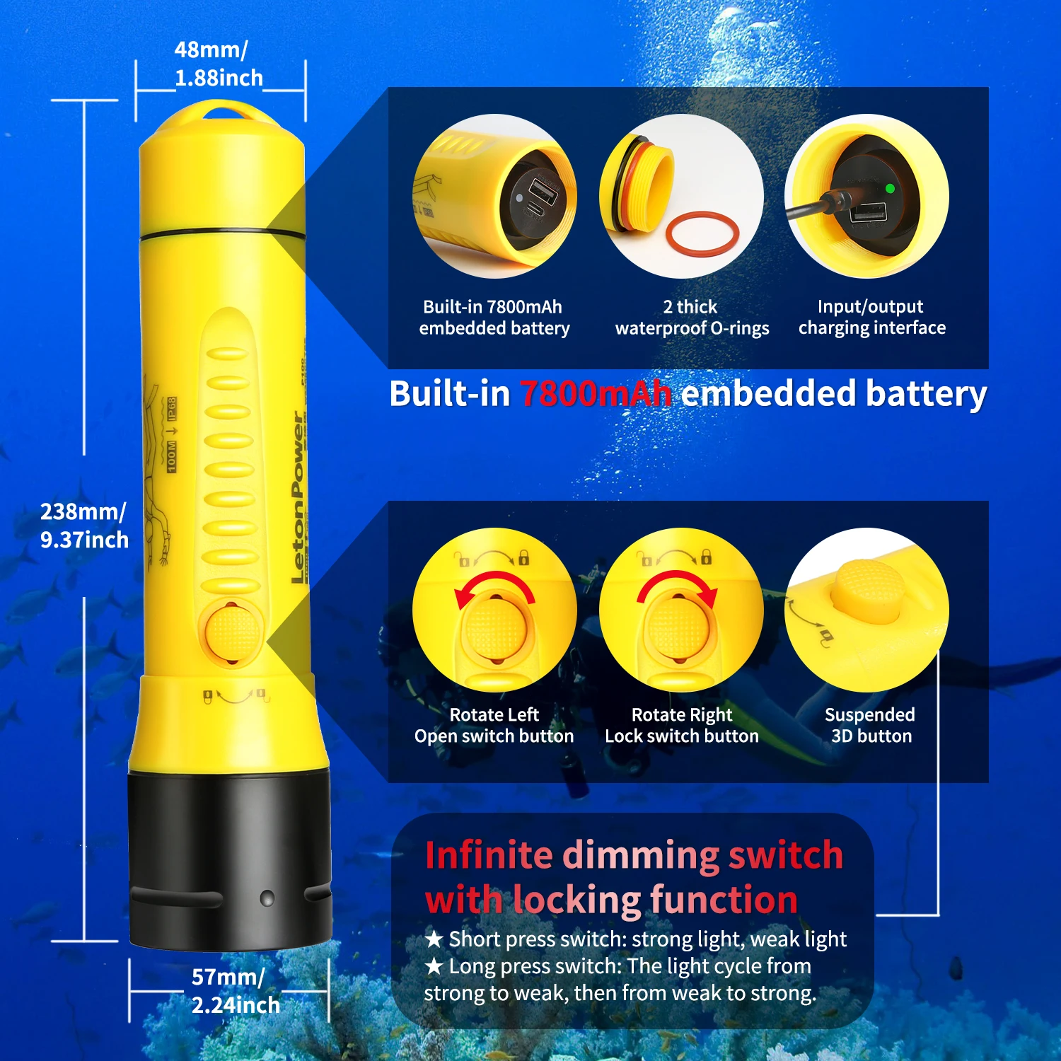Linterna de buceo 3000LM CERR LED enfoque largo impermeable noche sumergible pesca IPX8 exterior bajo el agua fuerte penetrati