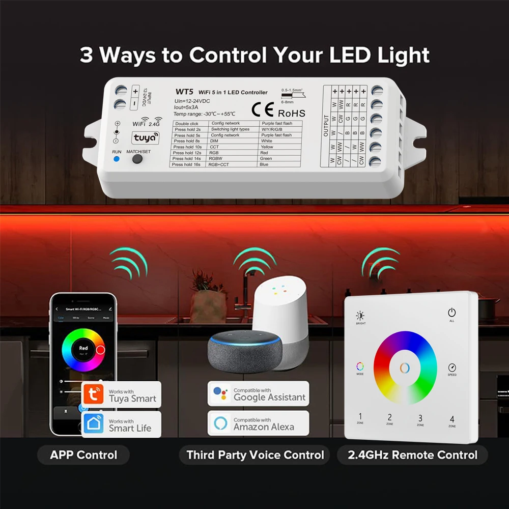 KIT de Controlador LED 5 en 1 con WiFi, Panel táctil de cristal montado en la pared, RF 2,4G, RGBCCT, Control de atenuación inteligente, atenuador 24V DC 12V