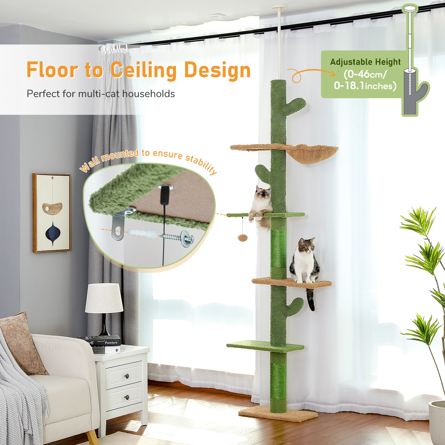 Árbol para gatos de 5 niveles, torre para gatos de piso a techo, árbol trepador alto de Cactus con poste rascador, hamaca, bola colgante para gatos de interior