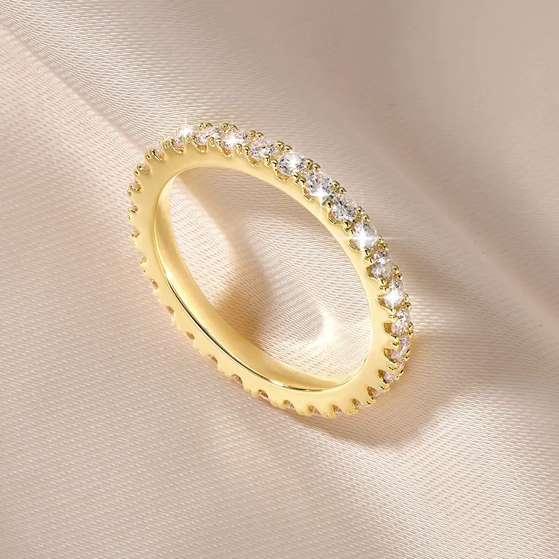 Anziw Anillo de Moissanita Completa de 2mm Color D para Mujer, Brillante Banda de Eternidad para Boda, Anillo de Compromiso de Oro Laminado de 14k, Joyería