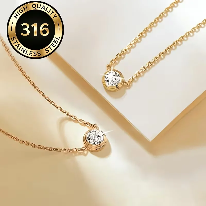 Collares con Colgante de Circonita Cúbica Redonda Brillante Minimalista Chapado en Oro de 18K, Collar con Piedra de Circonita Cúbica AAA Transparente para Mujer, Regalos de Joyería