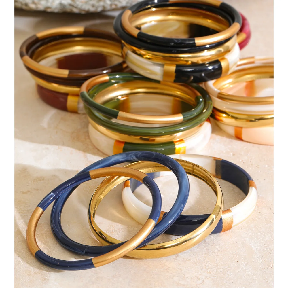 Yhpup 65mm 1 Juego de Pulseras Redondas de Acero Inoxidable y Resina, Multicolor, Joyería de Moda para Otoño e Invierno, Resistente al Agua