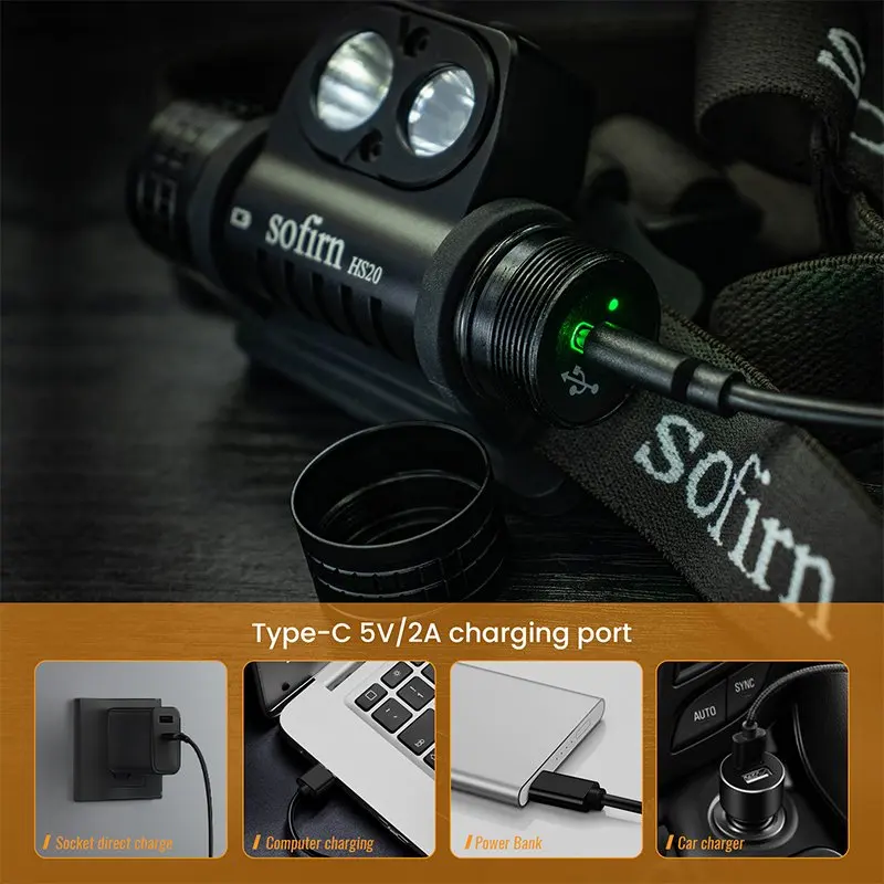 Linterna Frontal LED Recargable USB C SOFIRN HS20 2300lm, Potente Linterna Frontal 18650 con Luz de Enfoque y Luz de Ambiente, Interruptor Dual e Indicador
