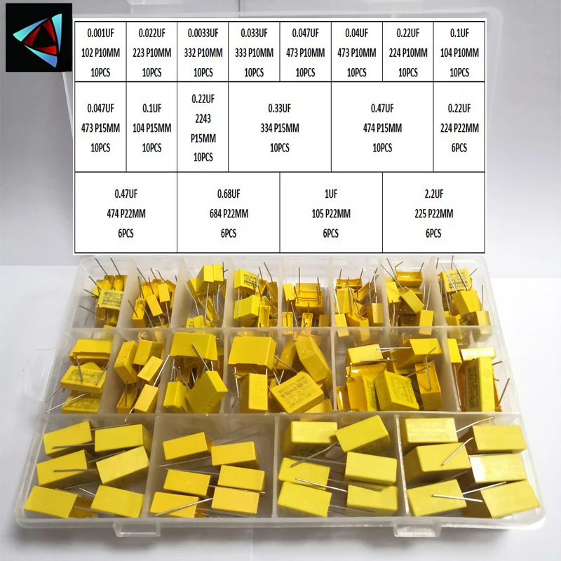 160PCS 18Values X2 Condensador de seguridad 275VAC 102K-225K 1NF ~ 2.2UF Kit surtido