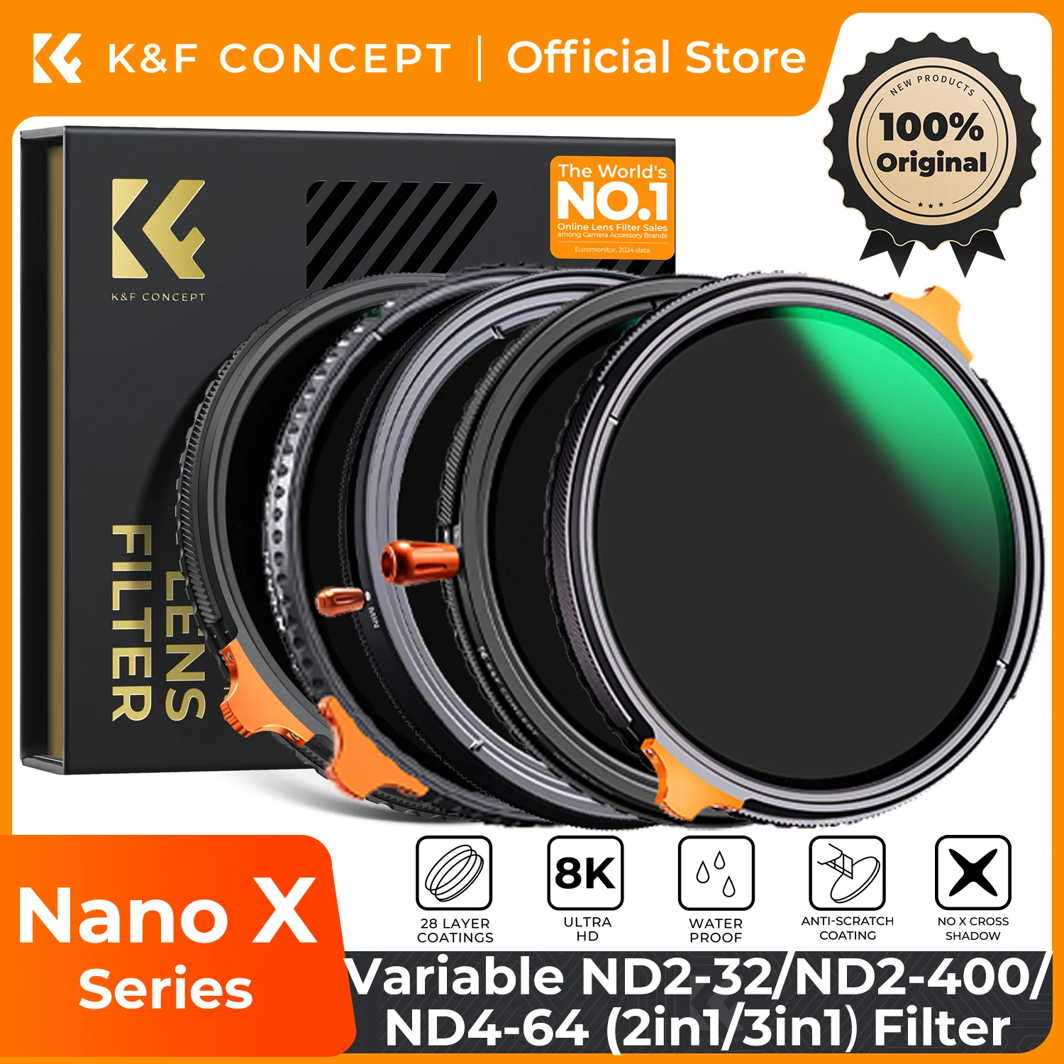 Filtro Variable para Lentes de Cámara K&F CONCEPT 49-82mm ND2-32/ND2-400/ND4-64/ND8-128/ND3-1000 (2en1/3en1) Serie Nano-X