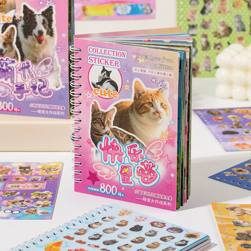 Libro de Pegatinas con Diseño de Gatos y Perros, 30 Piezas, Material para Manualidades, Scrapbooking, Papelería Estética