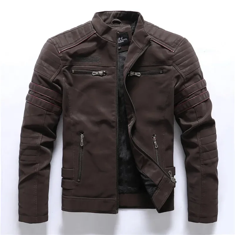 Chaqueta de cuero sintético para motociclistas, modelo de invierno 2026, estilo vintage, con forro polar, cálida, con múltiples bolsillos, chaqueta de cuero para hombre, con cremallera, ideal para el otoño.