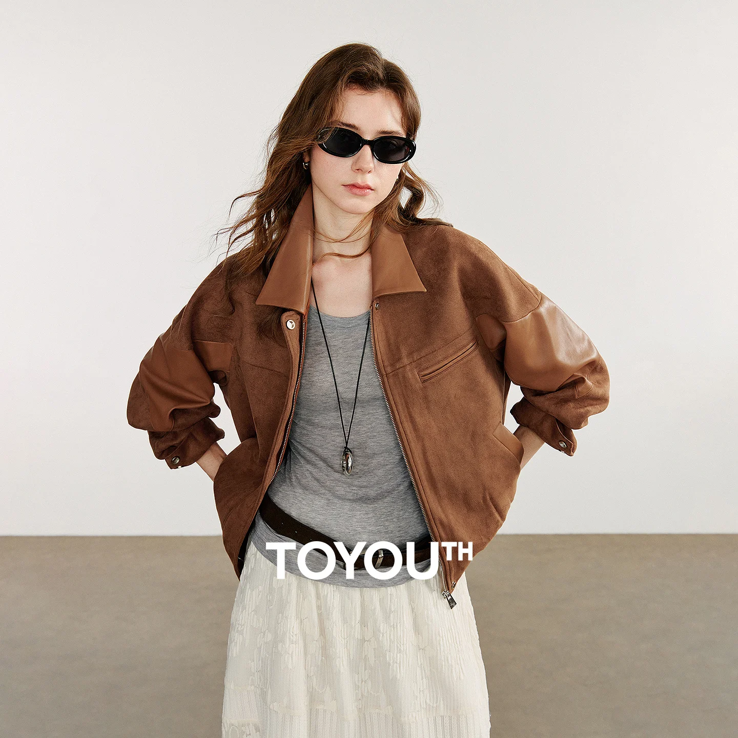 TOYOUTH chaqueta de cuero para mujer 2025 otoño nuevo estilo Nomadic Retro gamuza PU cuero empalme chaqueta abrigo