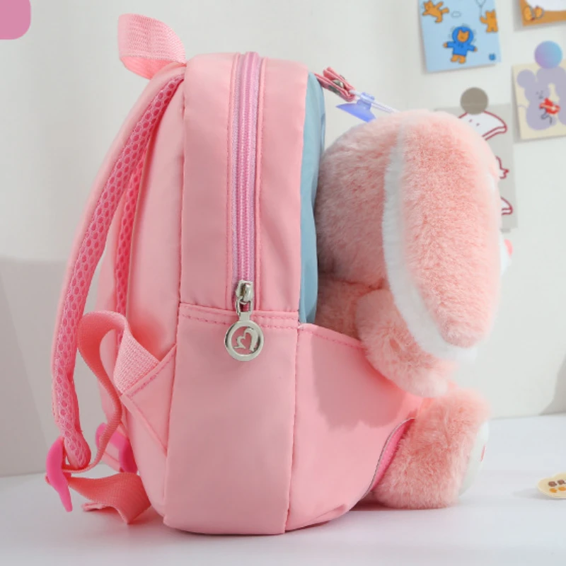 Mochila de conejo 3D de felpa para niños, niñas, niños, mochila escolar con bonito pajarita, mochilas escolares de dibujos animados, bolsa de bebé preescolar para guardería