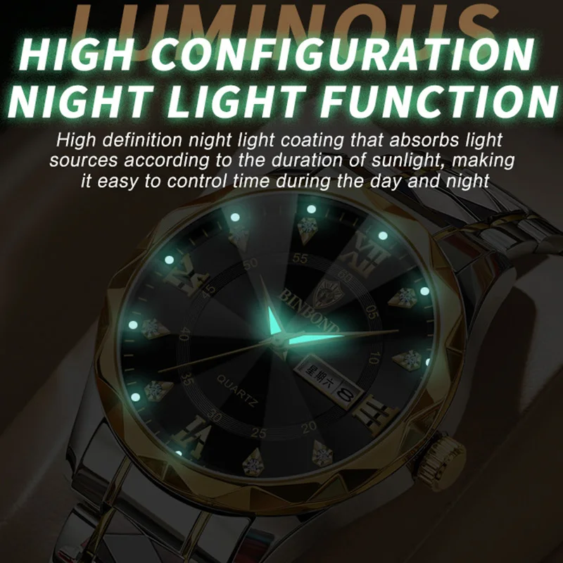 BINBOND-Reloj de pulsera de acero inoxidable para hombre, cronógrafo de lujo con botón oculto, cierre luminoso, resistente al agua, con fecha y semana