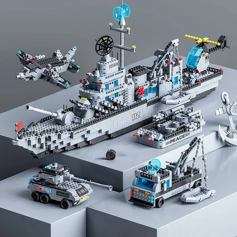 Bloques de Construcción de Barco de Guerra de la Armada de 65 CM, Modelo de Barco del Ejército, 6 en 1, Bloques de Construcción Multiforma, Juego de Juguetes para Niños