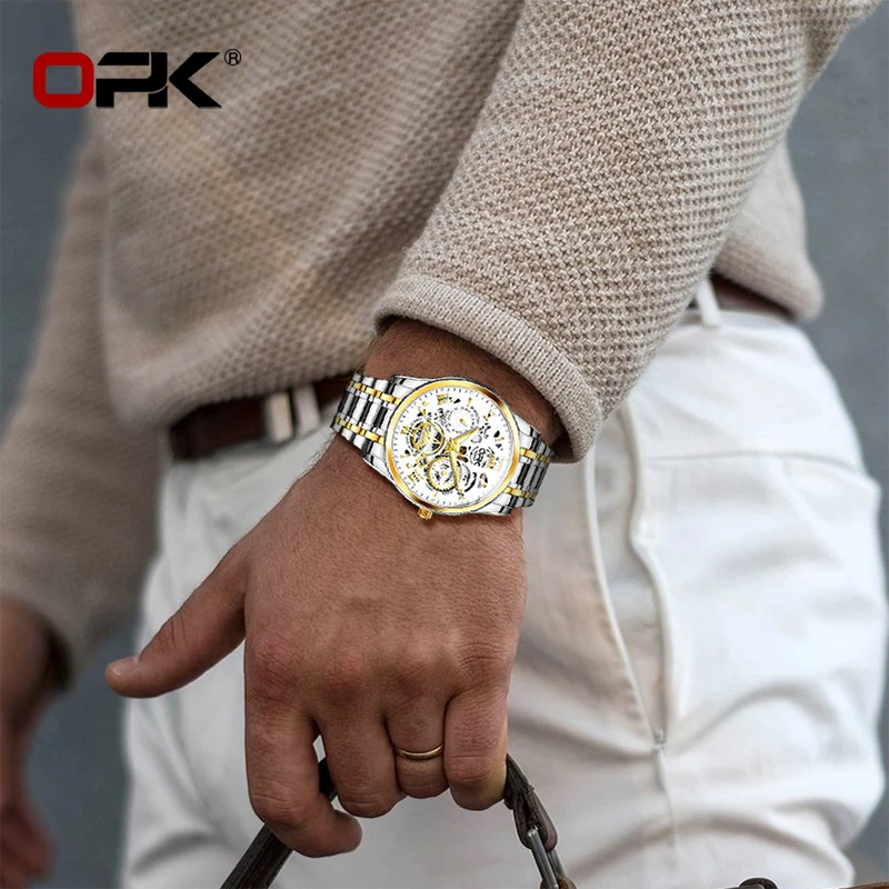OPK8135 Reloj para hombre, correa de acero con brillo nocturno resistente al agua
