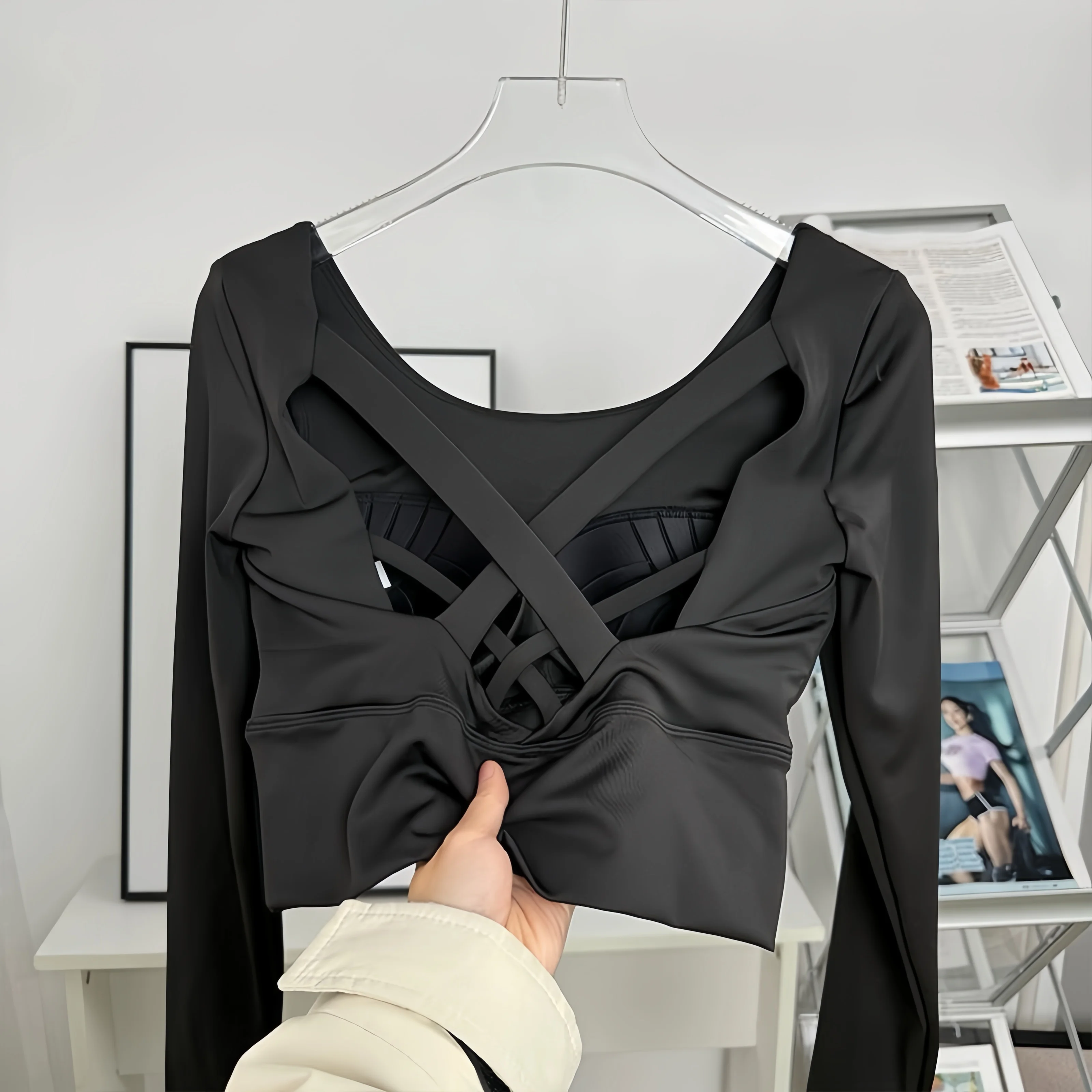 Ropa de yoga para mujer, sujetador fijo de manga larga, almohadilla, fitness, Pilates, correr, deportes, ropa de entrenamiento superior