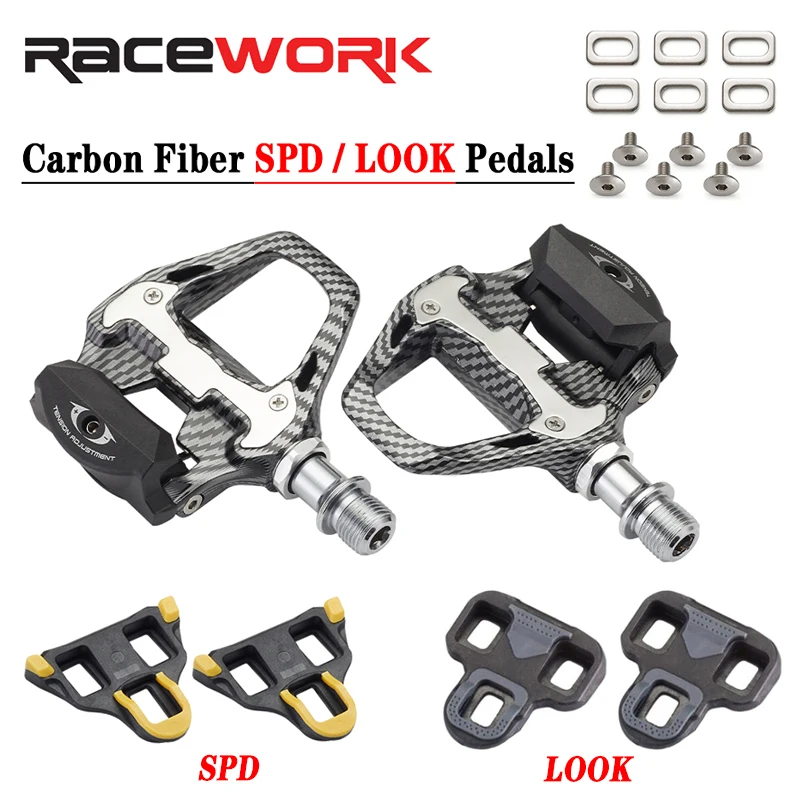 Pedal de Bicicleta de Carreras RACEWORK Ultraligero de Fibra de Carbono Texturizada, Apto para Pedales de Bicicleta Profesionales con Autobloqueo SPD/Keo