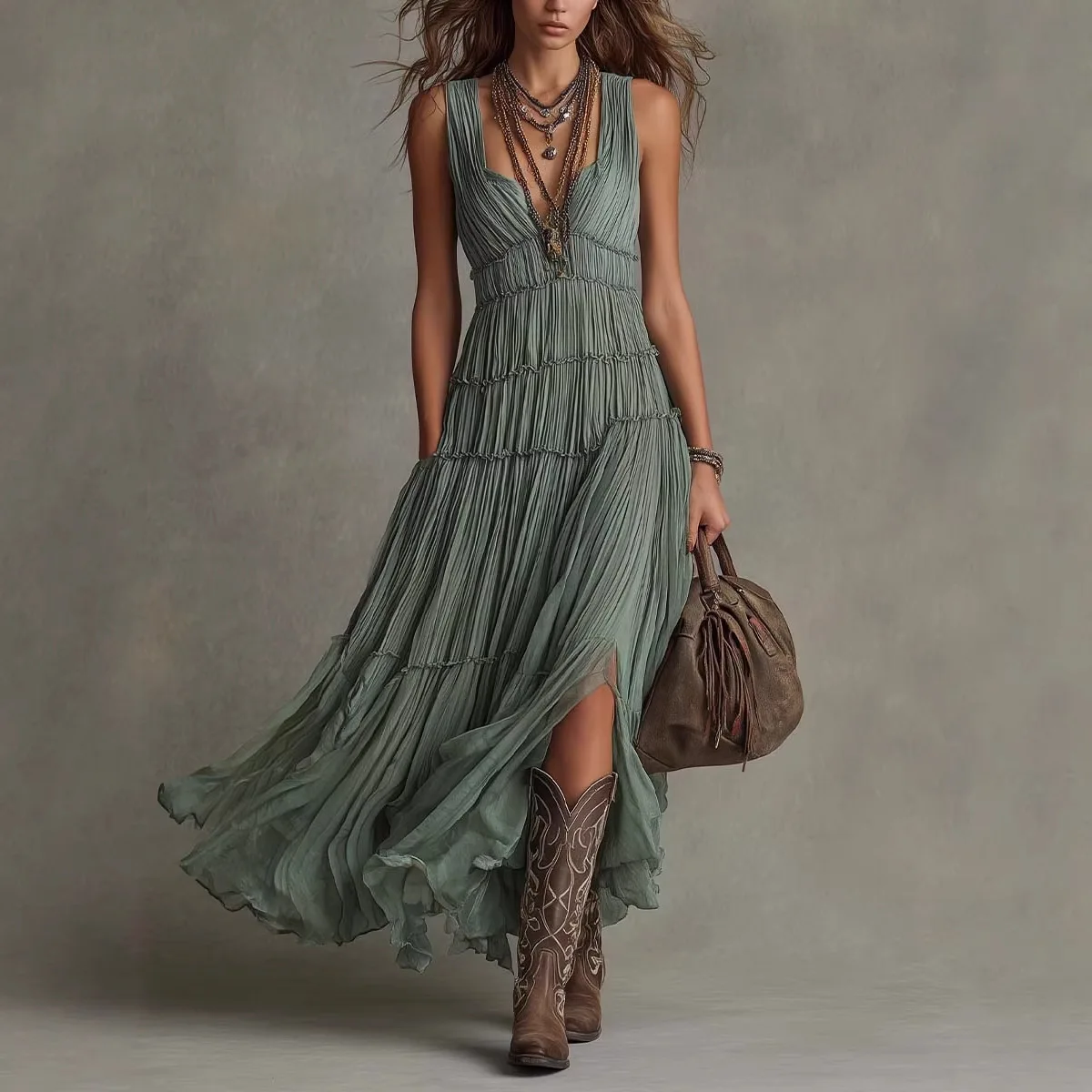 Vestido Maxi Retro con Volantes y Escote en V Profundo, Sin Mangas, de Gasa Fluida, Largo, Estilo Bohemio, con Pliegues y Dobladillo Dividido, Casual para Mujer
