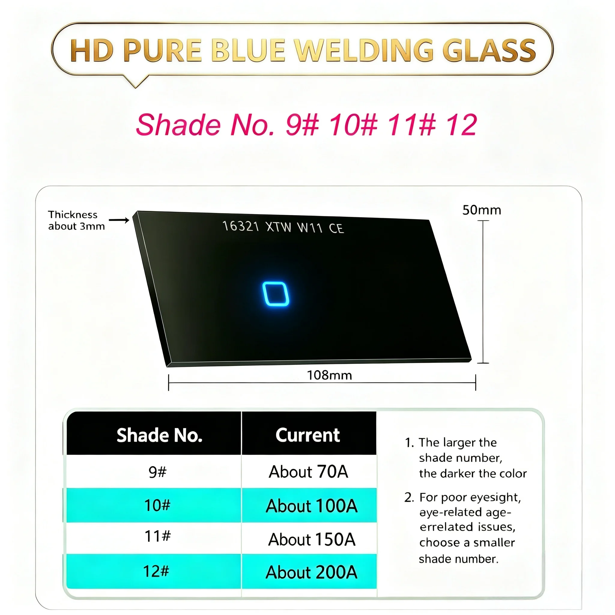Lente de Filtro para Soldadura, Tono Azul Ultra 9 # 10 # 11 # 12 placas protectoras de vidrio para soldadura con luz azul pura para casco de soldadura