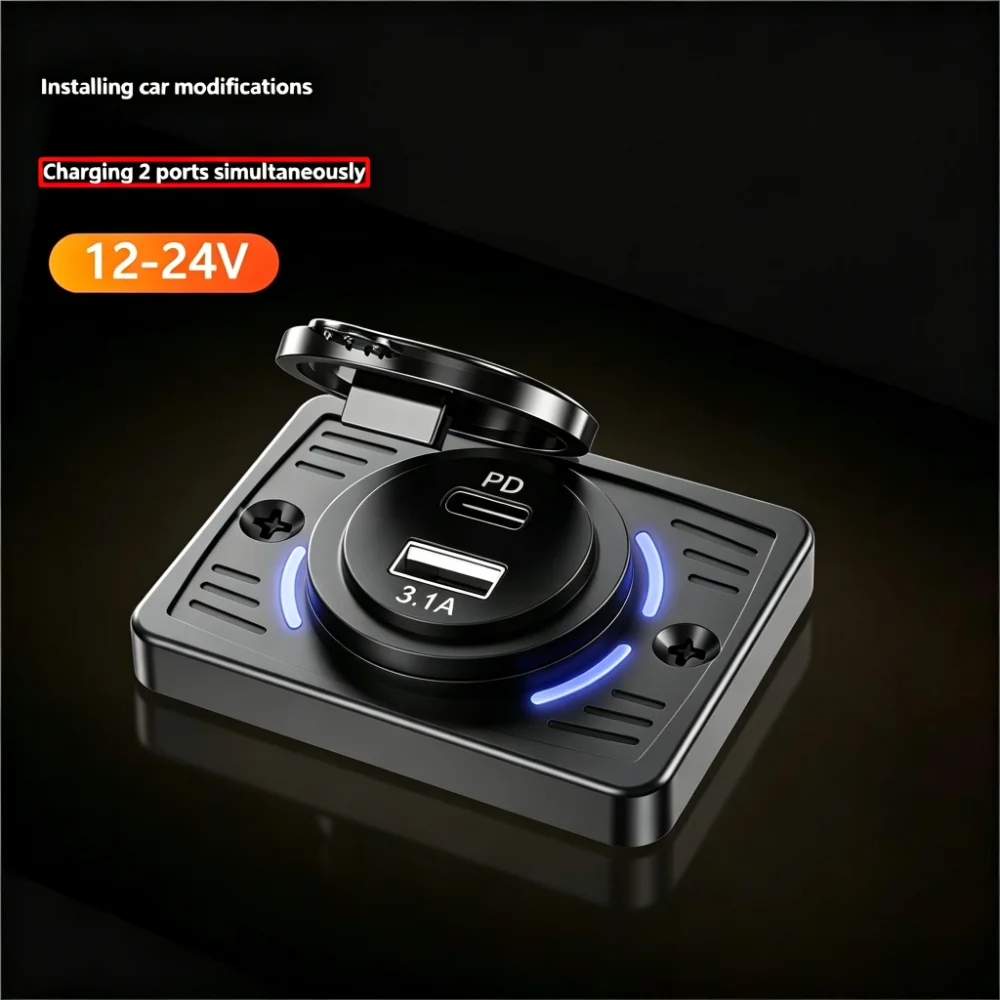 Cargador de Coche 12V-24V PD+USB, 45W Carga Rápida, Indicador LED Azul, Toma de Corriente Integrada con Cubierta Abatible Impermeable para Coche y Motocicleta
