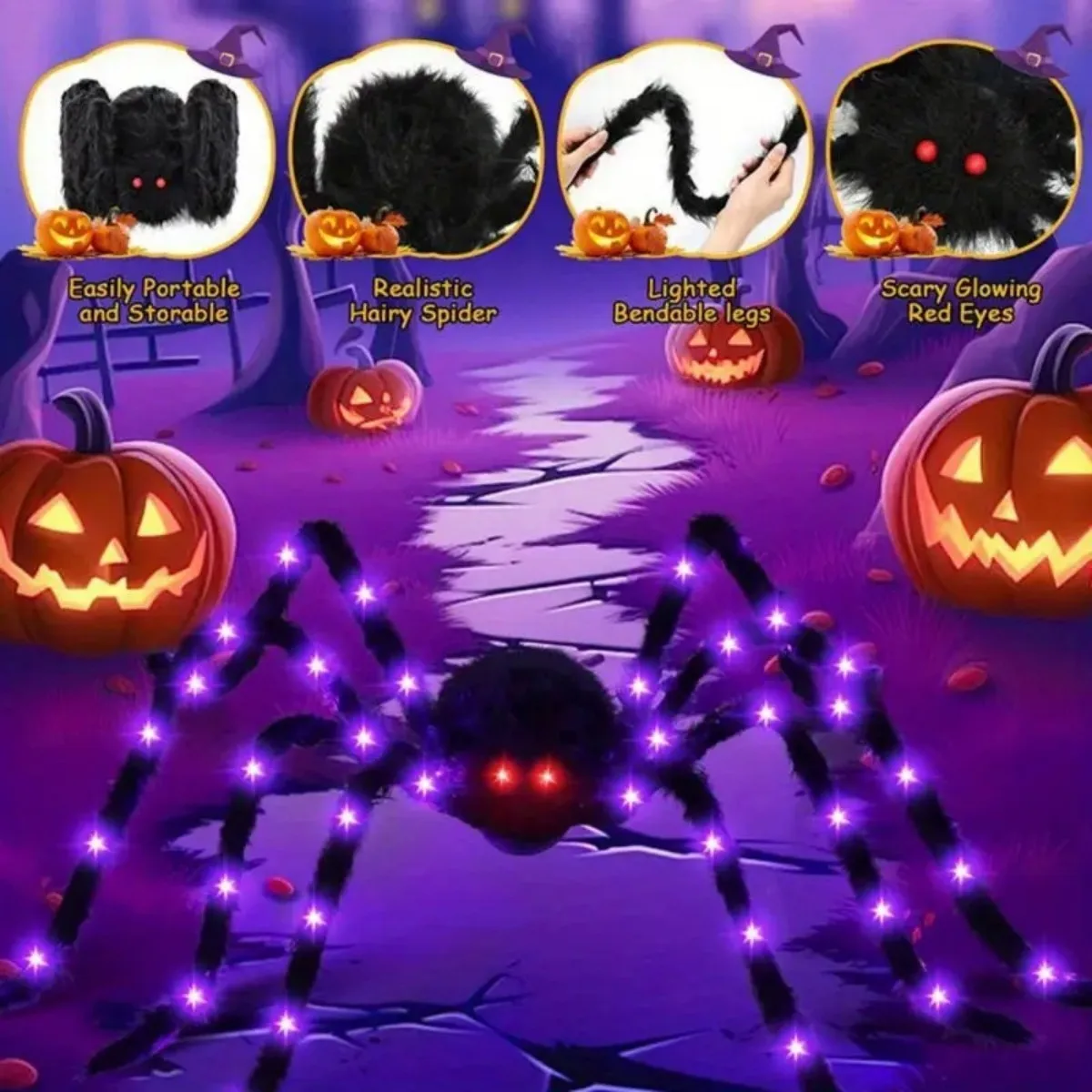 1 pieza de araña gigante luminosa de Halloween, negra y peluda, con luz LED morada, alimentada por batería, 8 modos de iluminación, para decoración de porches interiores y exteriores.