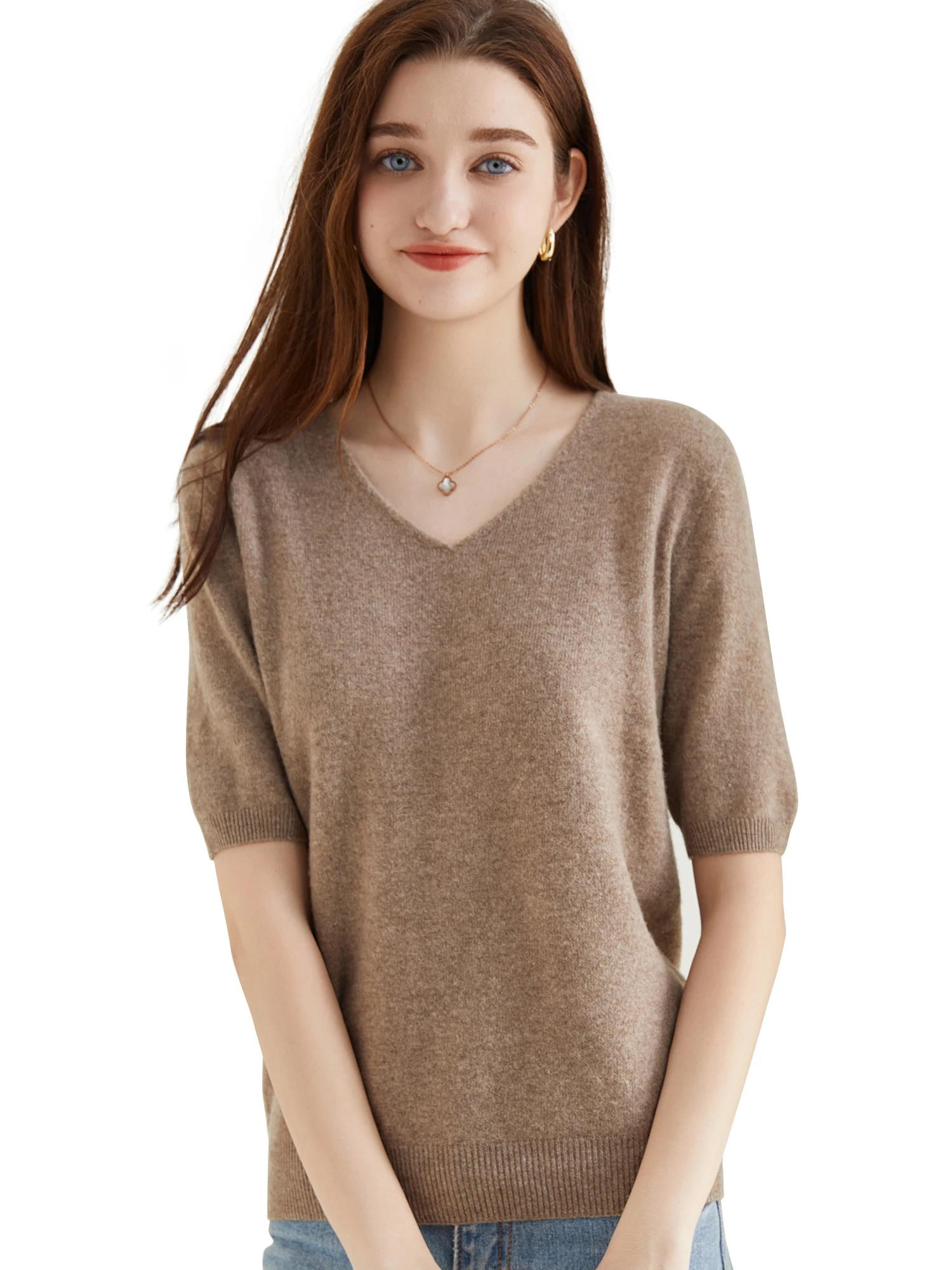 Suéter de mujer, suéter de lana merina de 100% para mujer, jersey, Tops de manga corta, ropa femenina de punto suave con cuello en V para primavera y verano