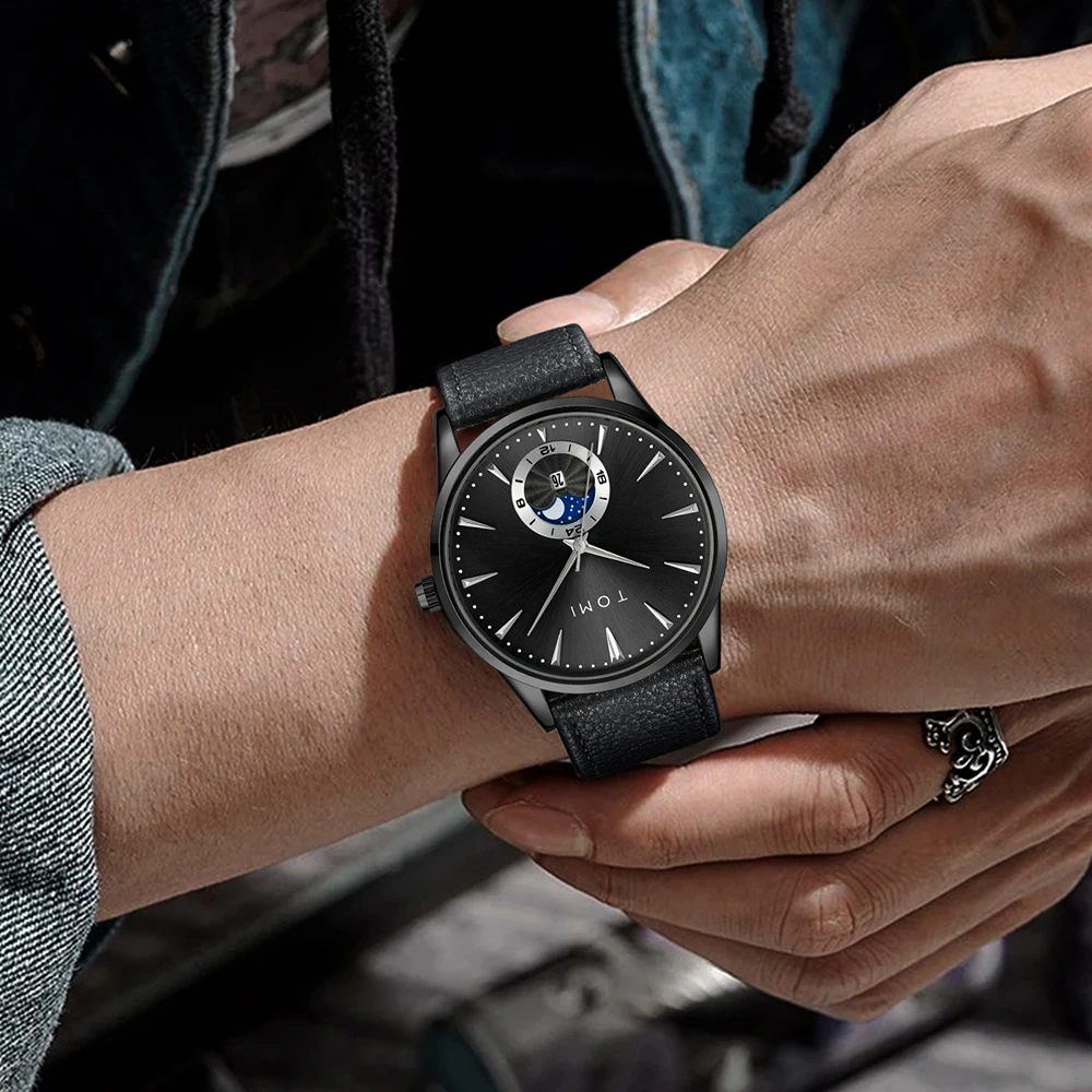 Reloj TOMI con correa de cuero de lujo para hombre, reloj de cuarzo con calendario de Esfera Grande para negocios y ocio, reloj Masculino