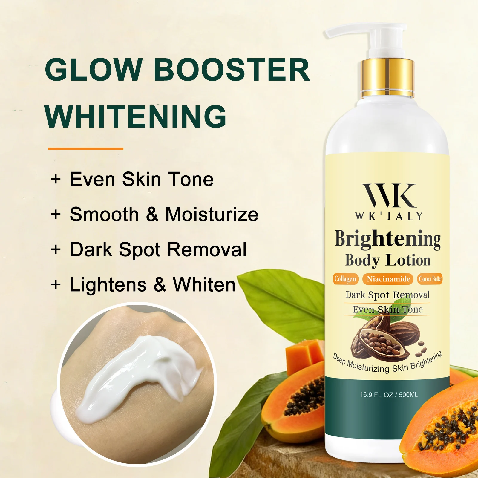 Loción Corporal Blanqueadora con Colágeno WK JALY, Elimina Manchas Oscuras, Melanina, Hidrata, Suaviza la Piel, con Papaya Natural y Niacinamida