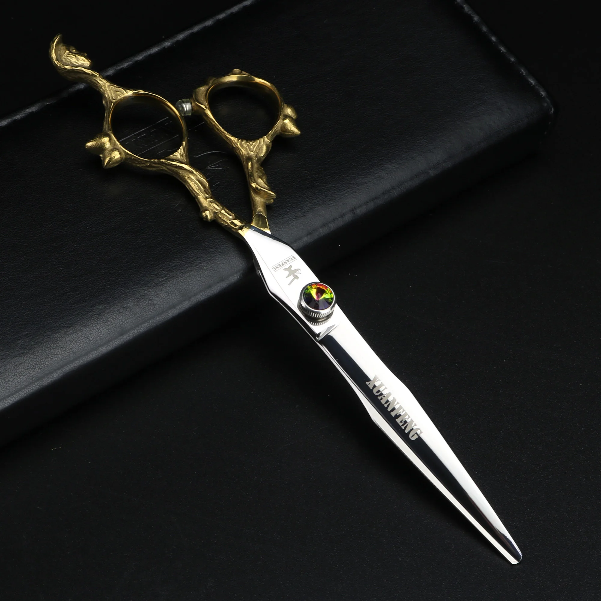 Tijeras de pelo de mono dorado de 7 pulgadas, corte de acero 440C japonés, tornillos de diamante de Color