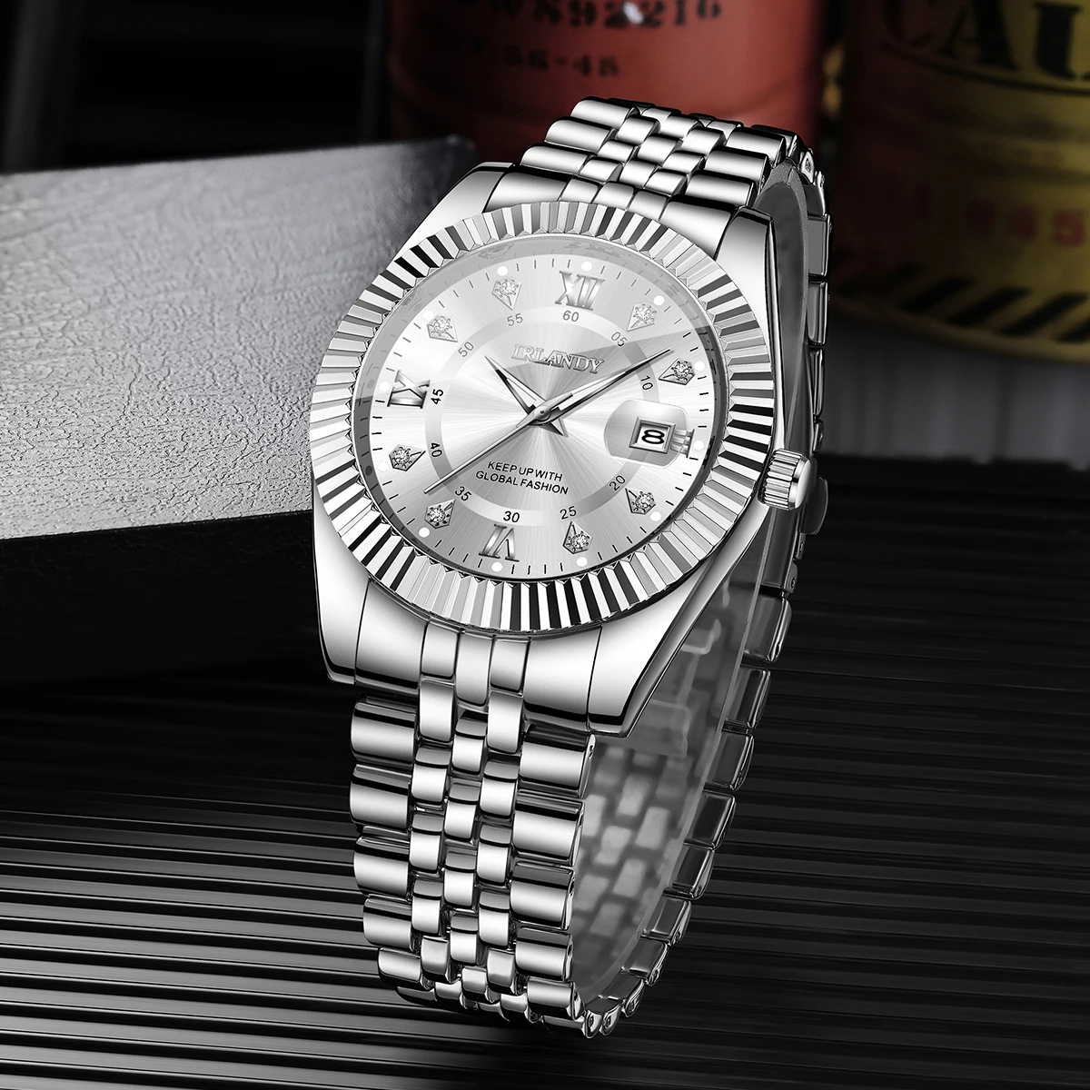 Relojes de lujo con diamantes de imitación para hombre, reloj de cuarzo con calendario a la moda para hombre con correa de acero inoxidable, Reloj Hombre (sin caja)