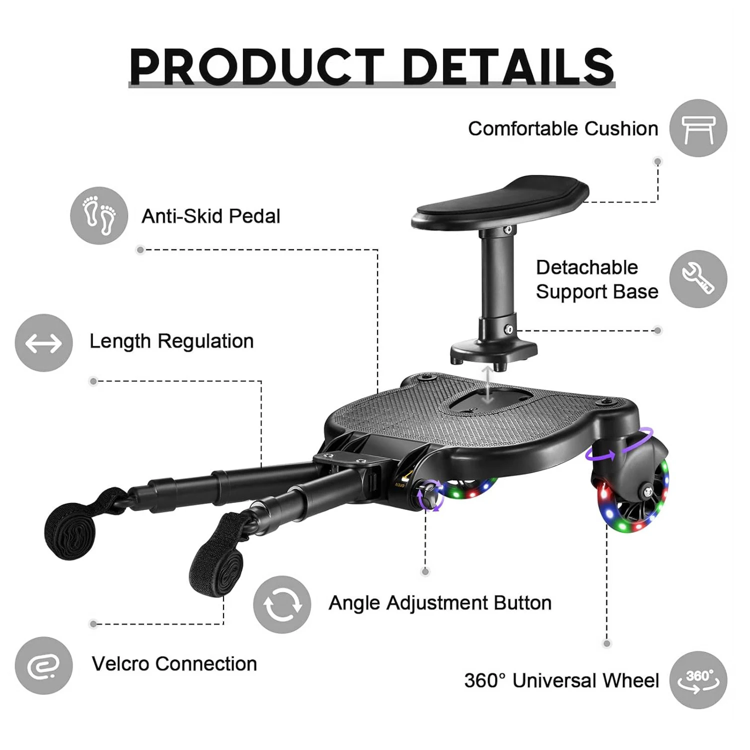 Plataforma universal para cochecito 2 en 1, plataforma de doble propósito para montar de pie y sentado, adaptador de pedal con asiento desmontable para cochecito.
