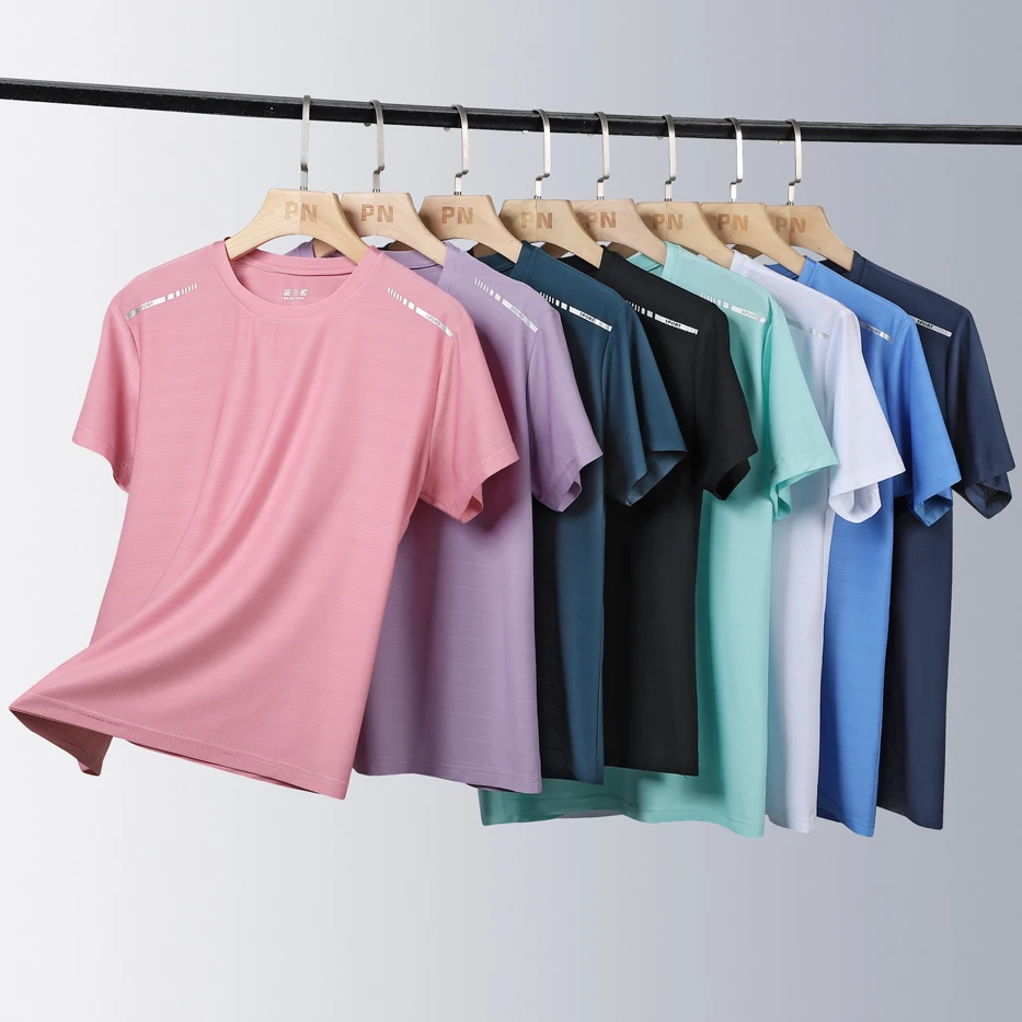 Camiseta para correr para mujer, Camiseta deportiva reflectante de alta elasticidad y transpirable para correr, mangas cortas frescas de seda helada de secado rápido para verano