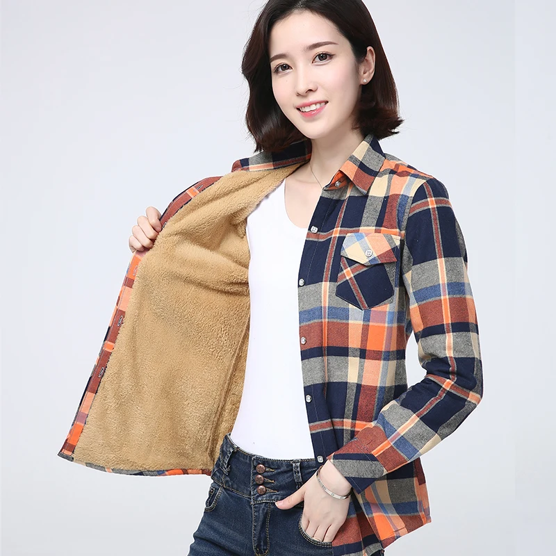 2025 invierno nueva camisa a cuadros cálida para mujer abrigo Casual polar terciopelo más chaqueta gruesa Tops estilo universitario ropa de mujer prendas de vestir exteriores
