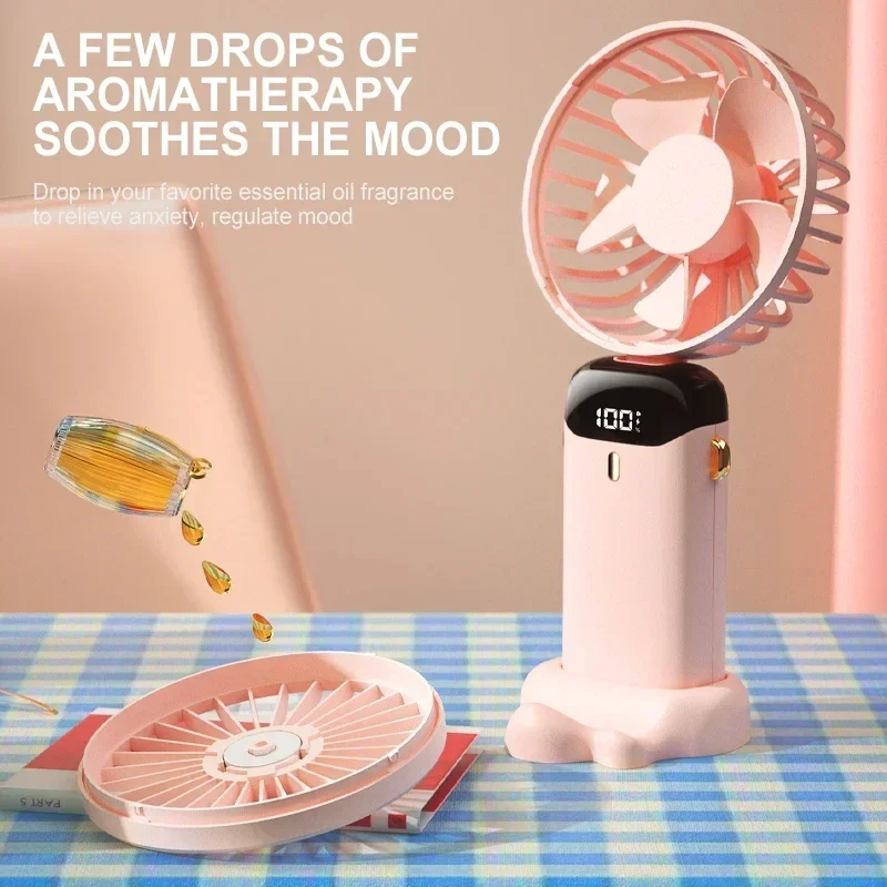 Mini ventilador portátil de mano, ventiladores plegables para colgar en el cuello, ventilador recargable por USB de 5 velocidades con soporte para teléfono y pantalla de visualización de 1800mAh