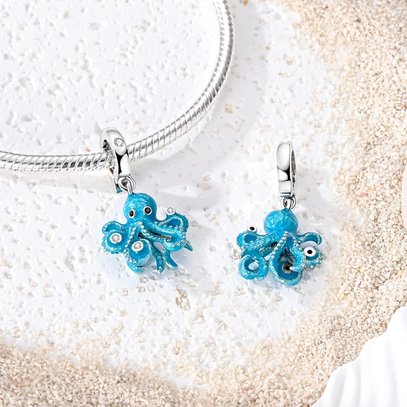 Colgante de Plata 925 con Dijes de Estrella de Mar, Tortuga Marina, Tiburón Ballena y Océano Azul de Verano, Compatible con Pulseras, para la Creación de Joyería Fina de Moda
